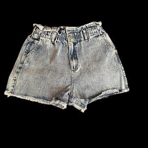 Women’s Blue Acid Wash High elastic Waist Raw Hem Paper Bag Denim Jean Shorts